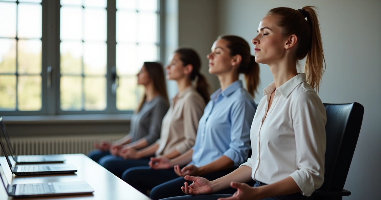 Grupo de profissionais sentados em reunião, fazendo exercício de respiração juntos. 
