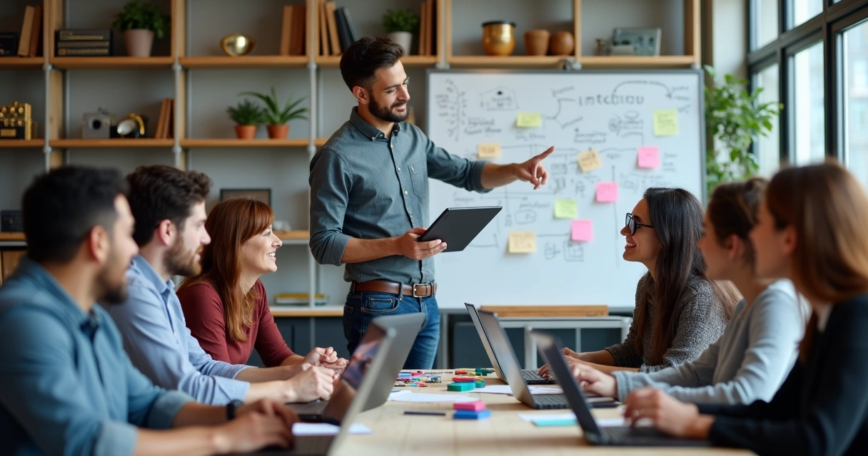 Membros da Guilds trabalhando juntos em um laboratório de inovação tecnológica. 