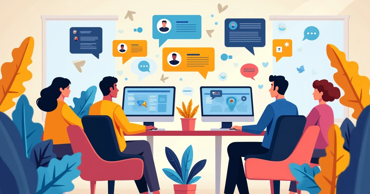 Pessoas conectadas observando vários memes em telas digitais 