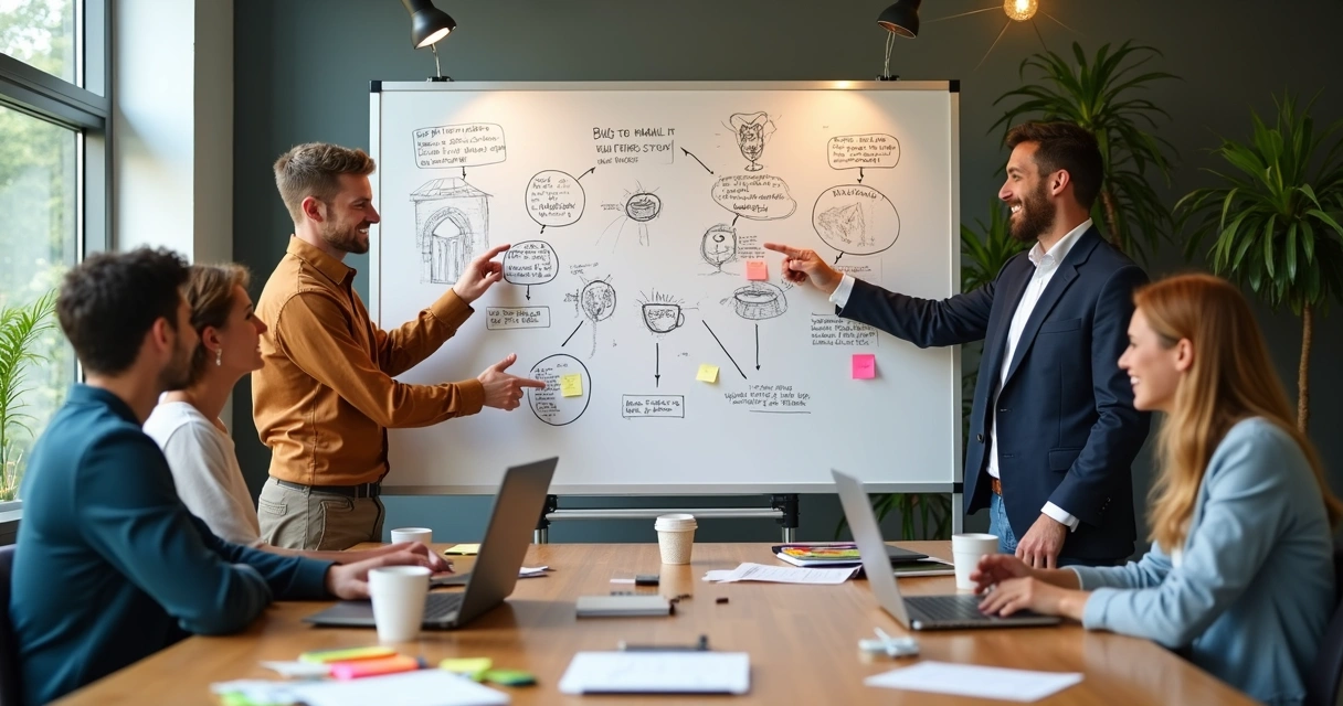 Equipe de marketing digital planejando conteúdo com memes em frente a quadro branco 