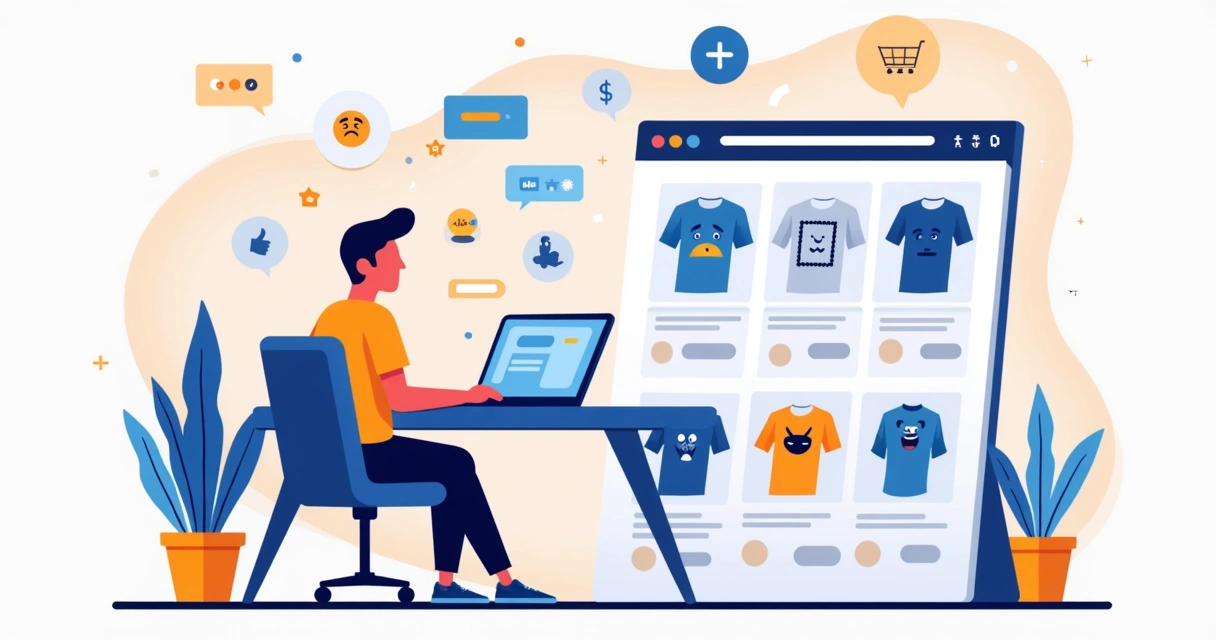 Ilustração de criador transformando memes em estampas de camisetas e canecas em loja online 