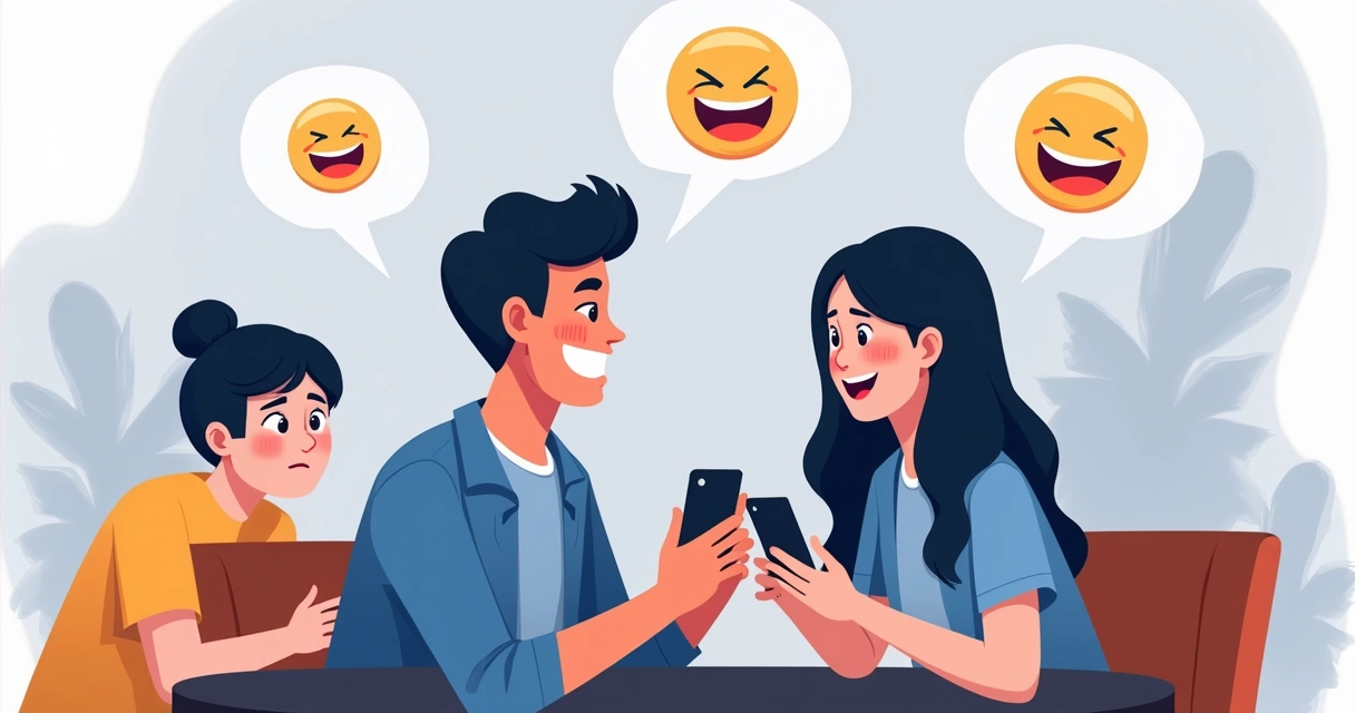 Duas pessoas olhando celulares e rindo de memes enquanto uma terceira parece desconfortável ao lado 