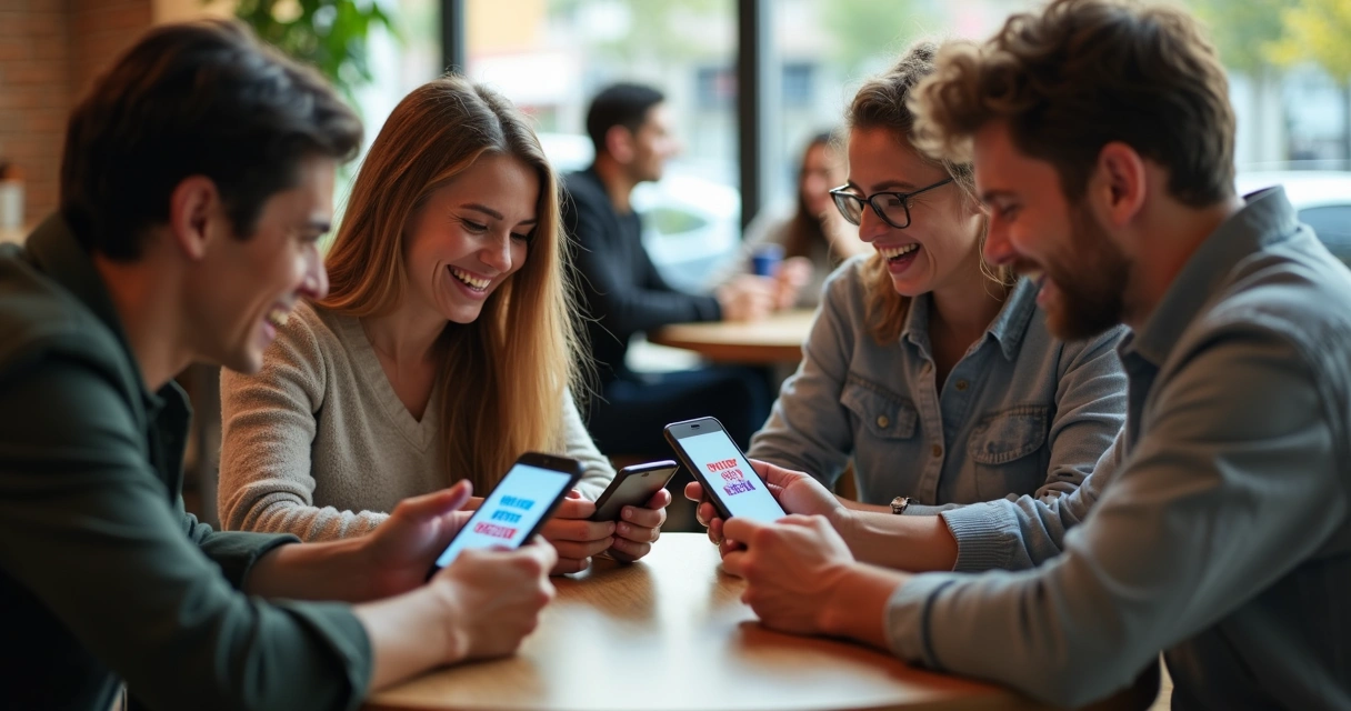 Personas jóvenes y adultas mirando sus teléfonos, riendo juntas en una cafetería 