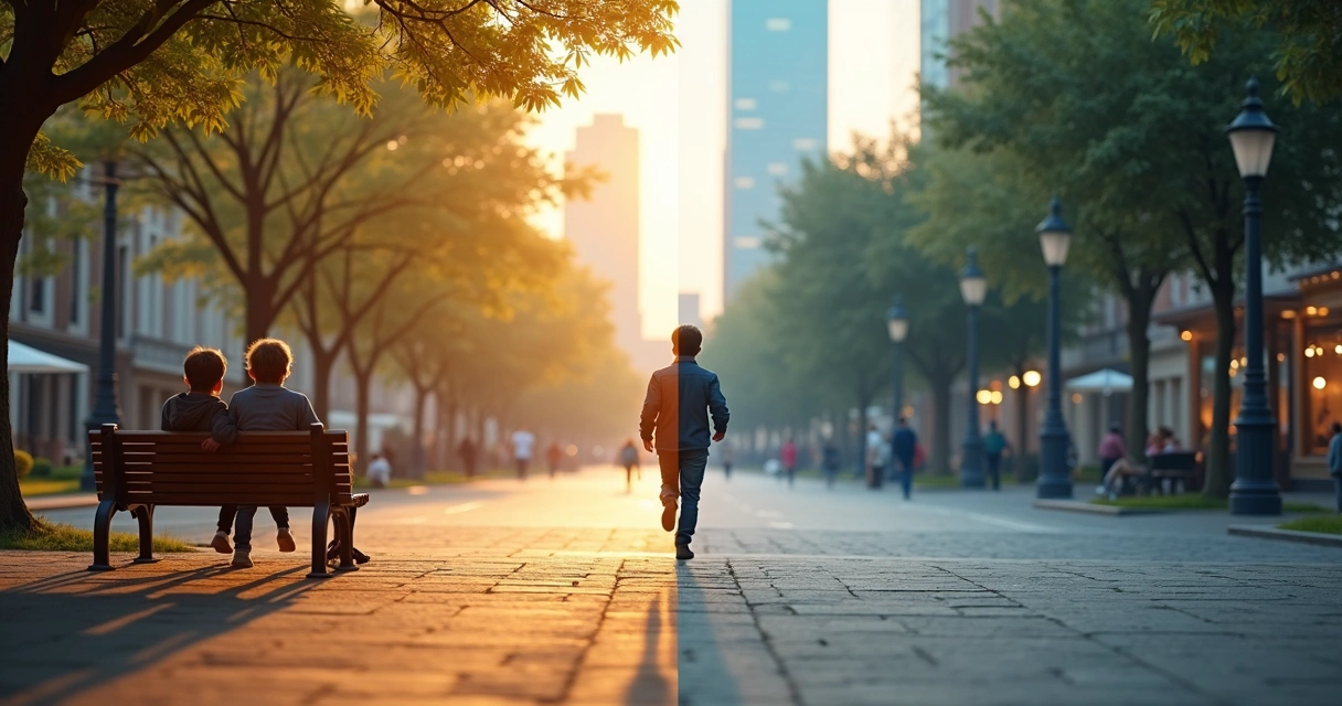 Adulto observa cena dividida entre lembrança de infância e decisão no futuro 