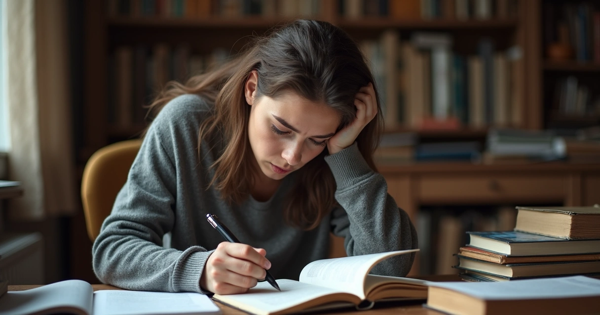 Pessoa estudando com vários livros abertos e anotações, cena com luz suave e foco no rosto concentrado 
