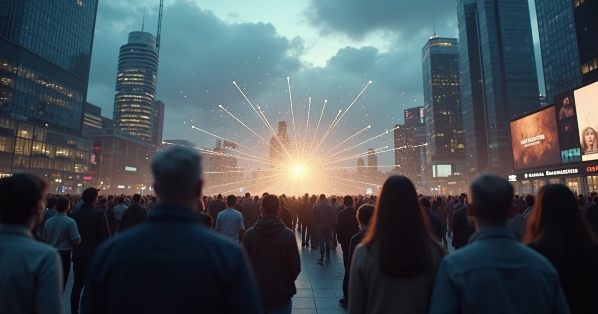 Multidão em praça conectada por rede luminosa representando memória coletiva em crise 