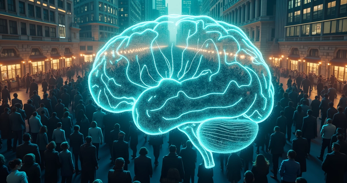 Multidão sobreposta a gráficos econômicos representando memória coletiva 