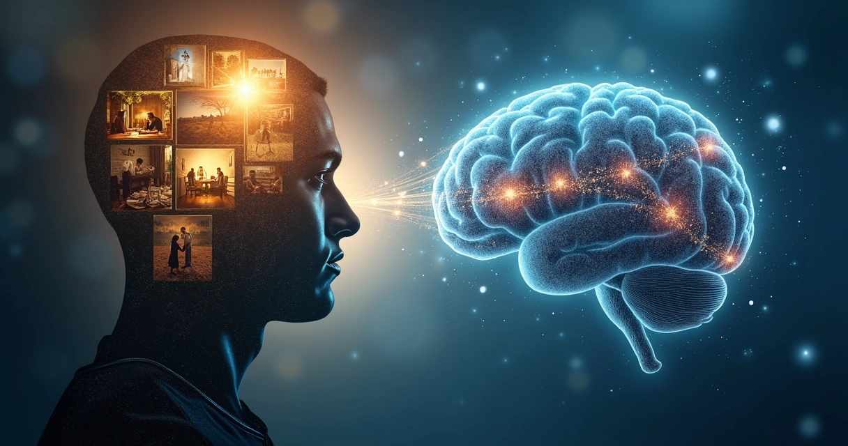 Silhueta humana com lembranças individuais conectada a uma multidão formando cérebro coletivo 