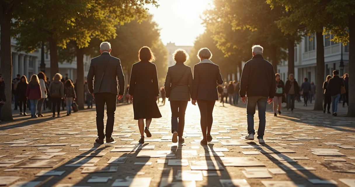Várias pessoas de diferentes idades caminhando em uma praça com fotos antigas espalhadas no chão. 