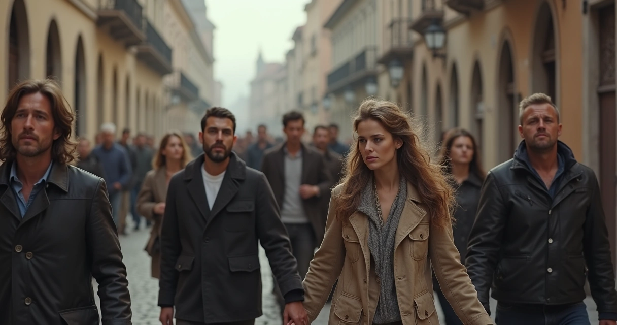 Grupo de pessoas caminhando em rua antiga, expressando sentimentos diversos. 