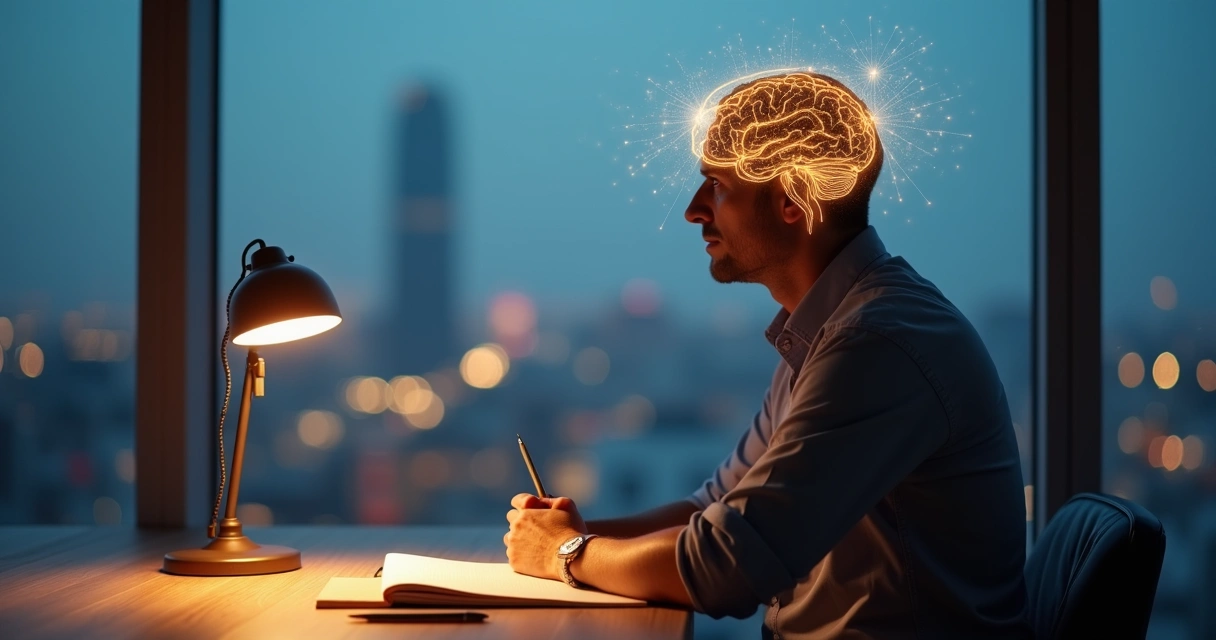 Adulto em reflexão com conexão visual entre memória e consciência 