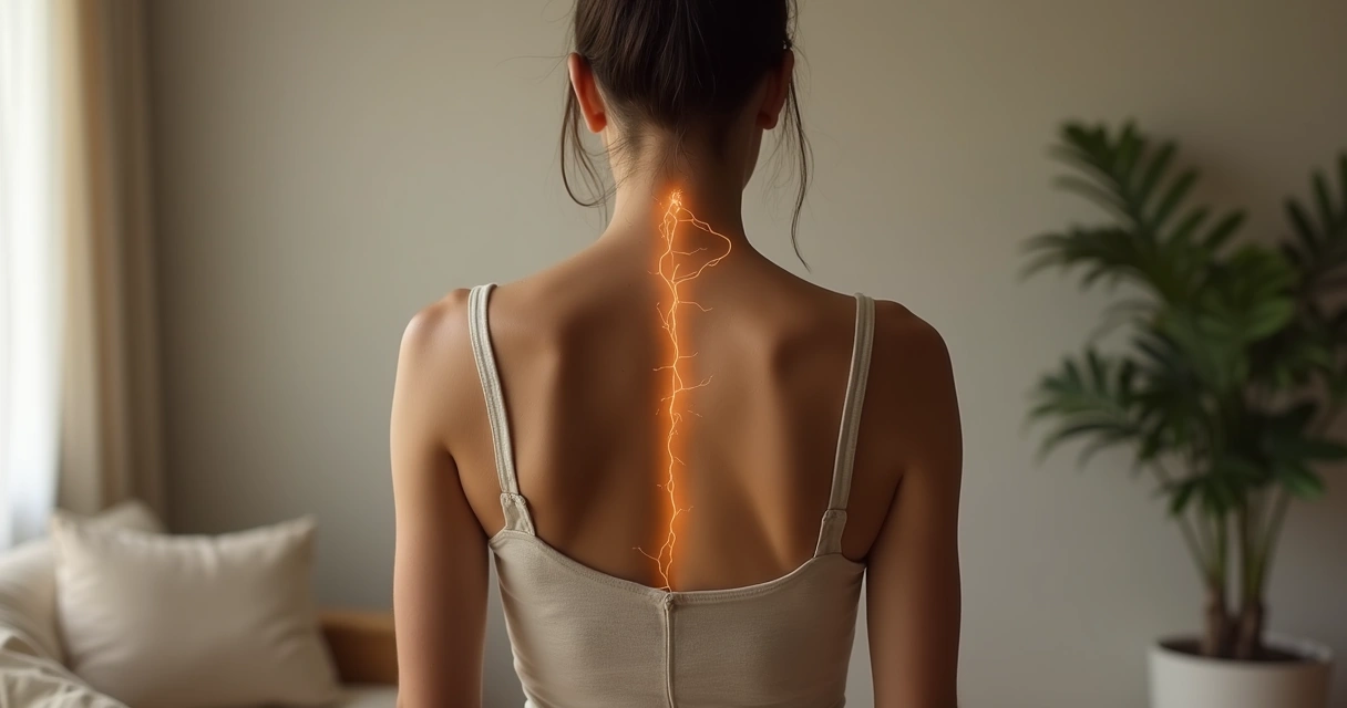 Pessoa de costas tocando uma cicatriz nas costas com linha de luz se espalhando pelo corpo 