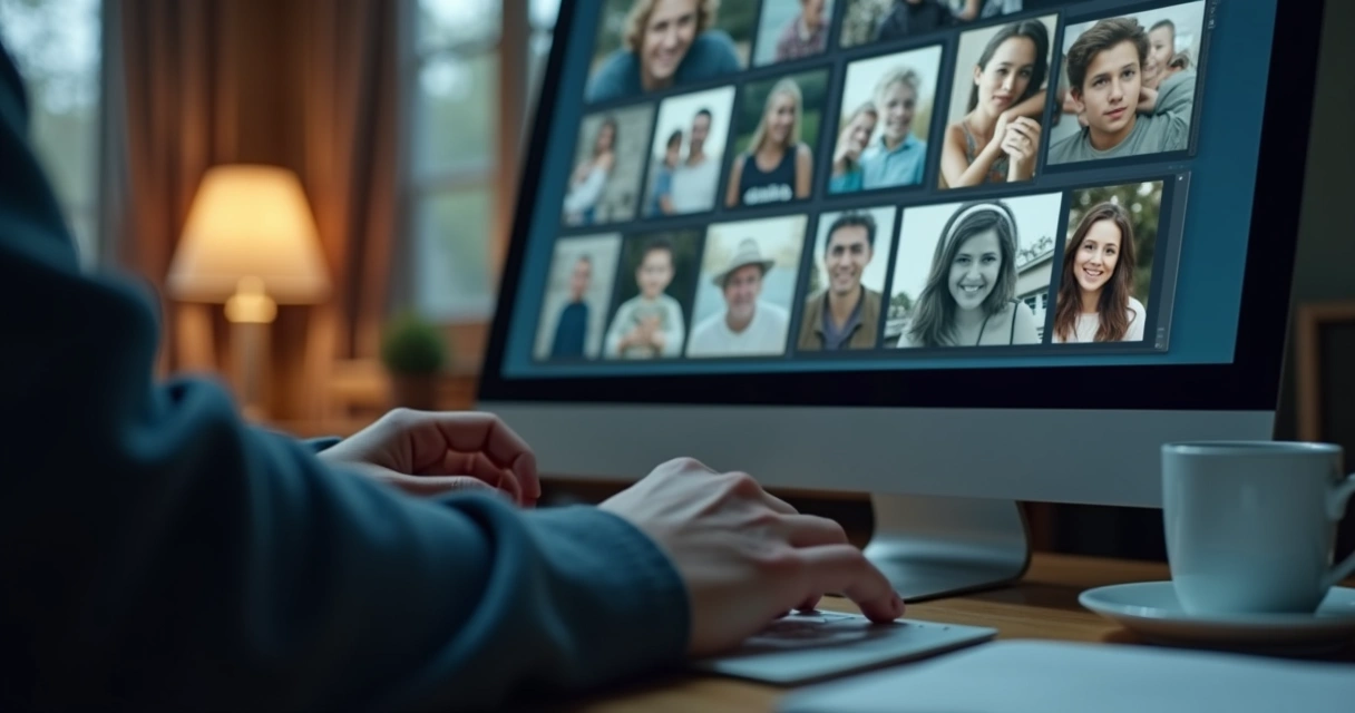 Tela com fotos antigas e mãos em pausa diante do computador 