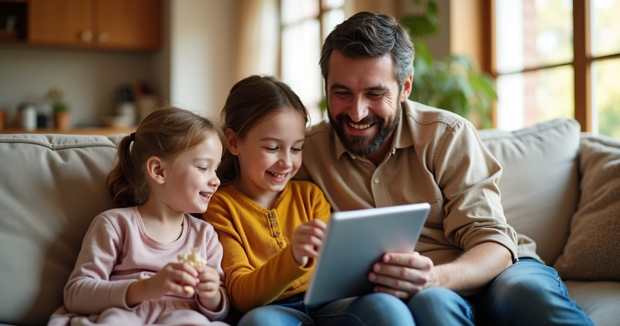 Família olhando fotos em tablet na sala de estar 