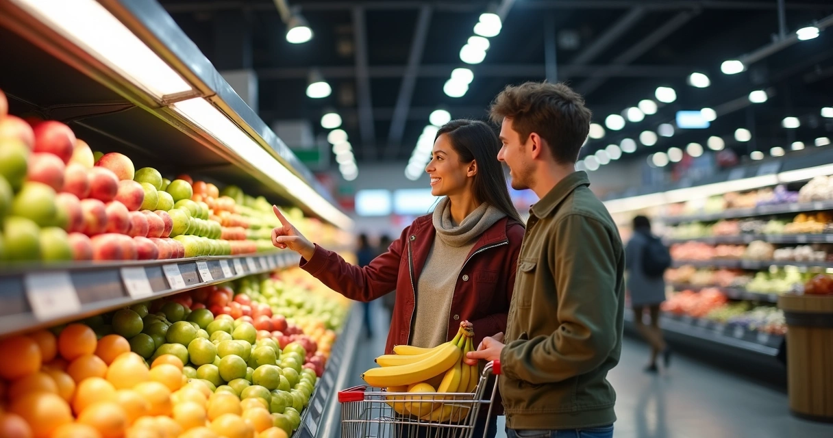 Duas pessoas escolhendo frutas, sorrindo, carrinho de compras. 