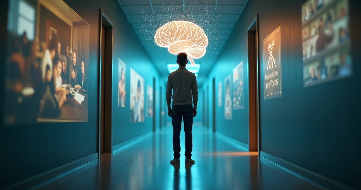 Pessoa diante de duas portas com lembranças projetadas ao fundo 