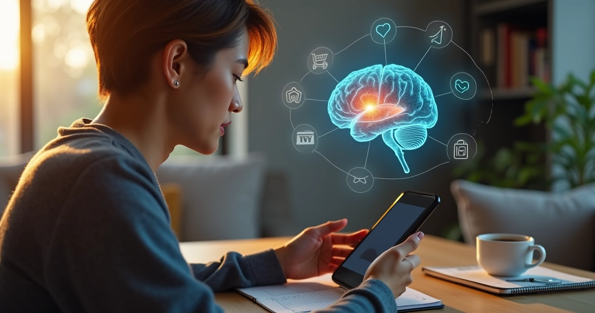 Pessoa pensando com cérebro iluminado por cores representando emoções e decisões 