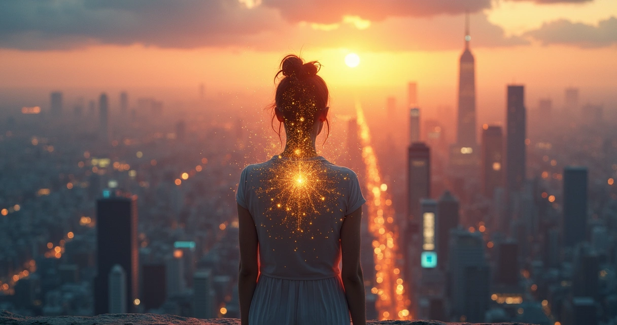 Persona iluminada en una ciudad conectada por redes de energía emocional 