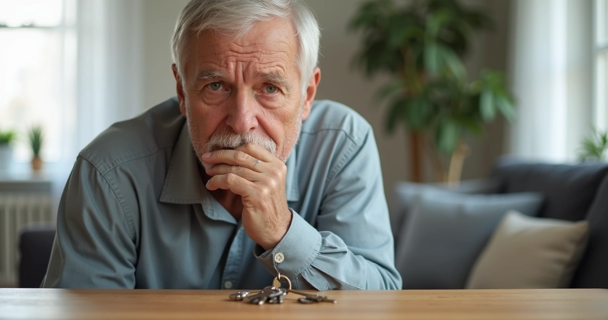 Pessoa olhando preocupada para um molho de chaves sobre uma mesa 