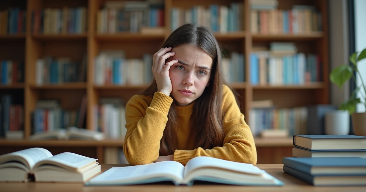 Jovem sentado com livros ao redor, expressão de esquecimento 