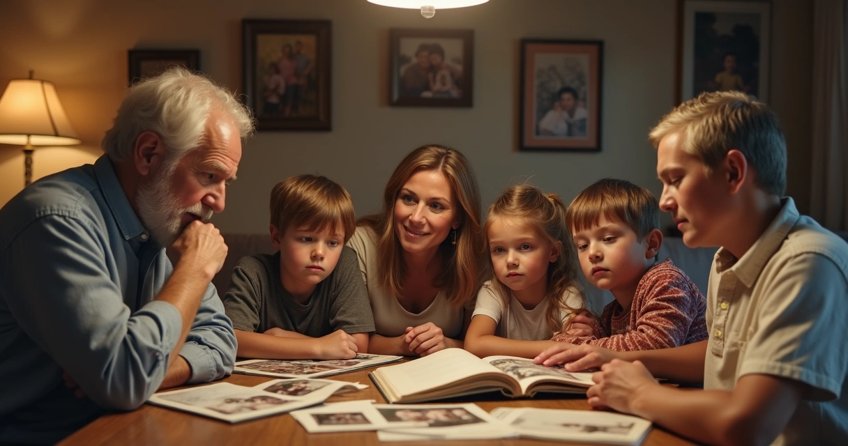 Família de várias gerações reunida olhando álbuns de fotos 