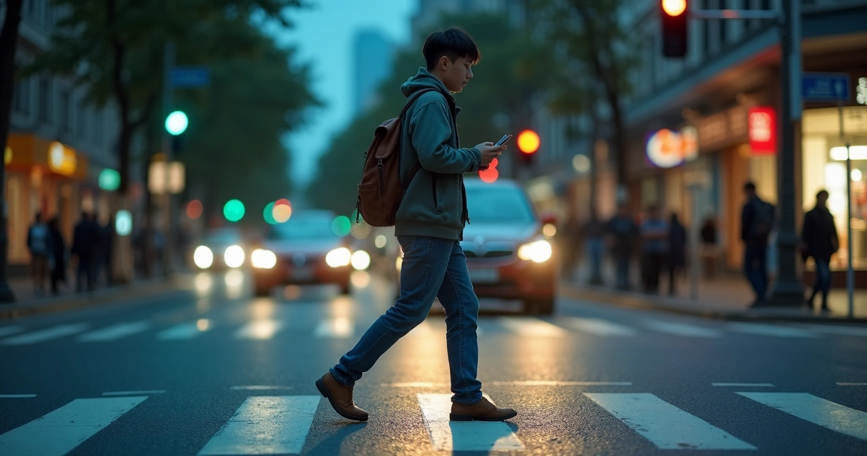 Pessoa atravessando faixa de pedestres iluminada com cidade em desfoque ao redor 