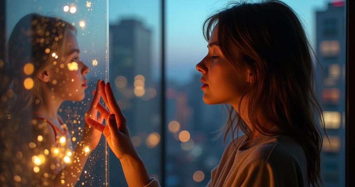 Mulher adulta de olhos fechados tocando um vidro onde se refletem cenas sutis da infância 