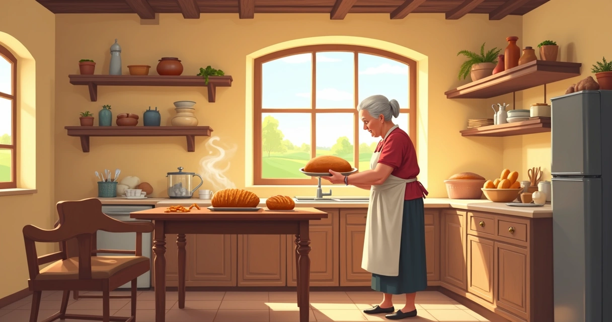 Senhora assando pão caseiro em cozinha simples, aroma no ar