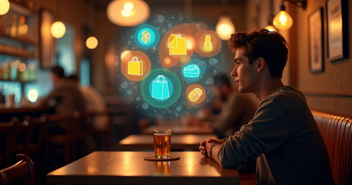 Consumidor em mesa de bar lembrando mentalmente de várias marcas 