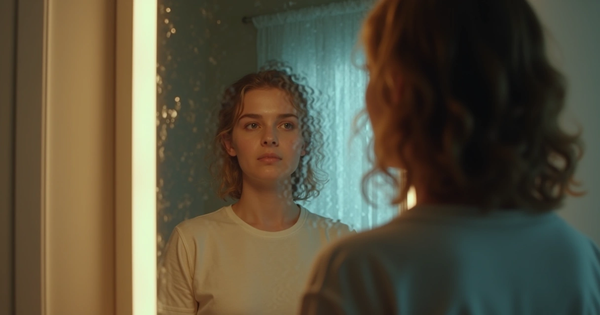 Pessoa olhando para o espelho com reflexo distorcido, representando memória e identidade 