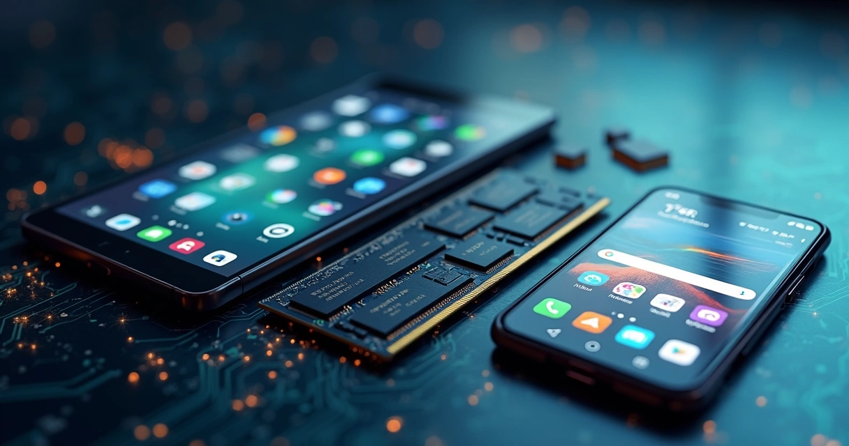 Conceito de memória RAM destacando celular e tablet com chips de memória ao fundo 