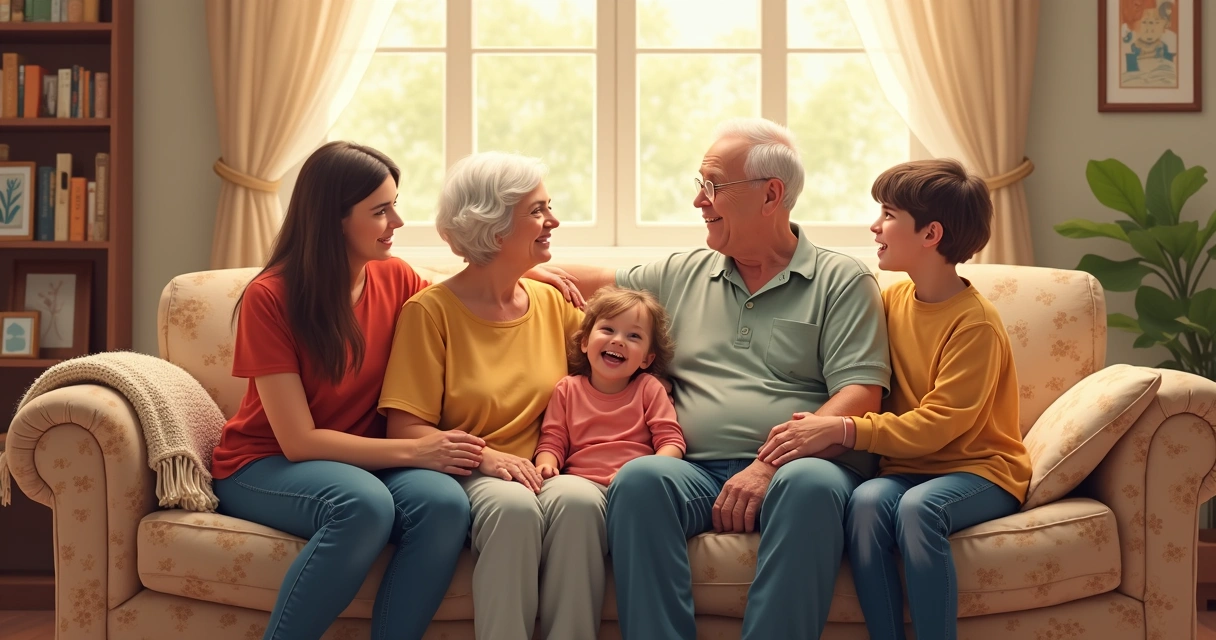 Família reunida rindo no sofá antigo com almofadas gastas 