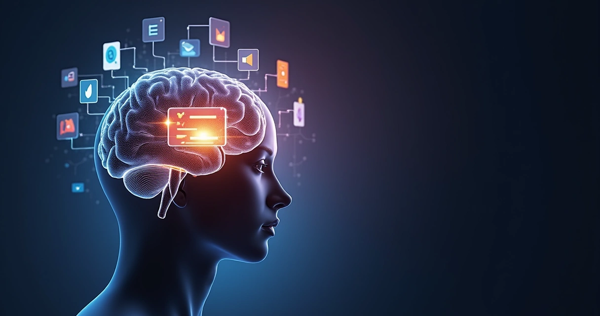 Cérebro humano dividido entre foco central e múltiplas tarefas digitais ao redor 