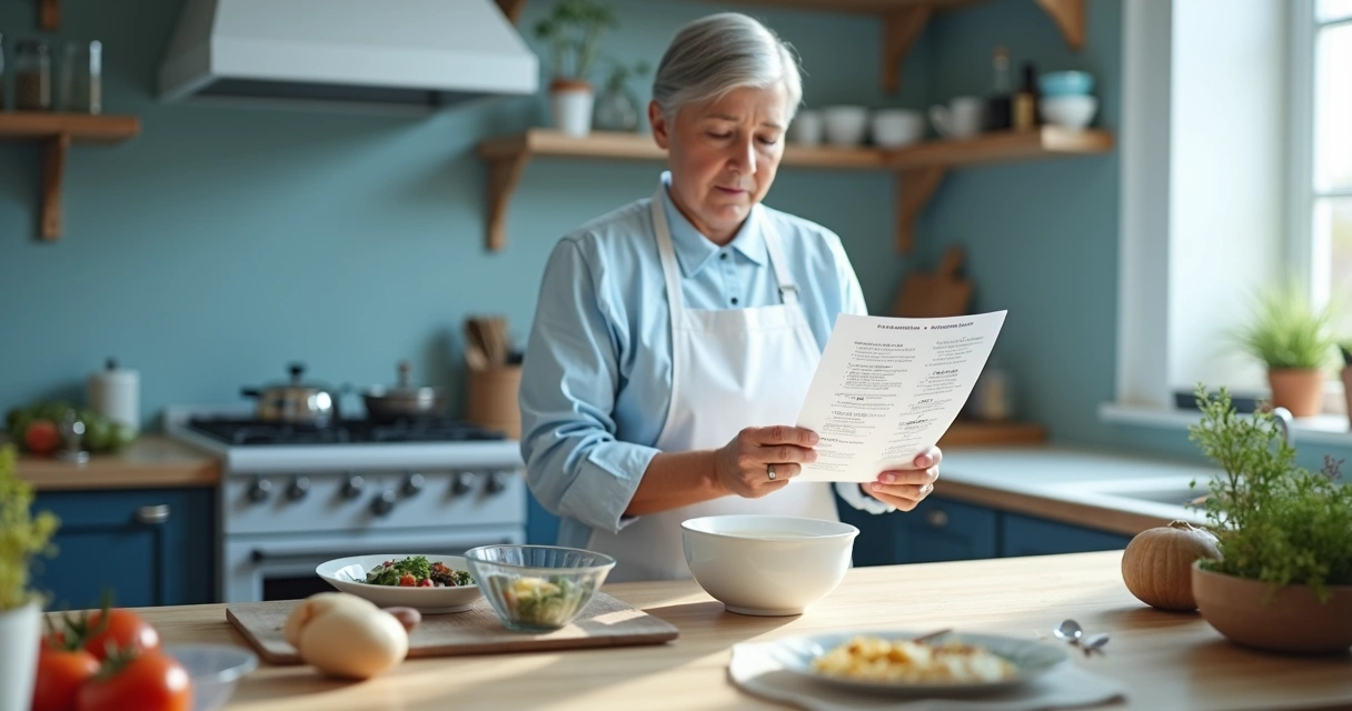 Pessoa olhando para uma lista enquanto prepara ingredientes na cozinha 