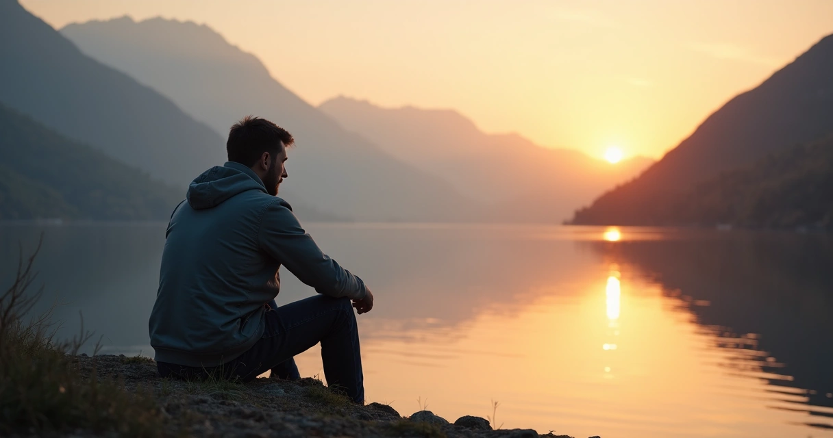 Pessoa refletindo diante de um lago tranquilo ao nascer do sol