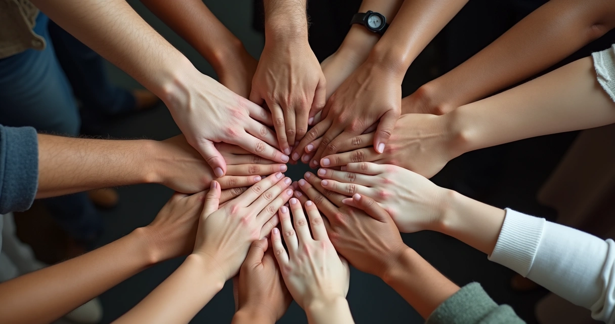 Mãos dadas de pessoas de diferentes idades formando um círculo 
