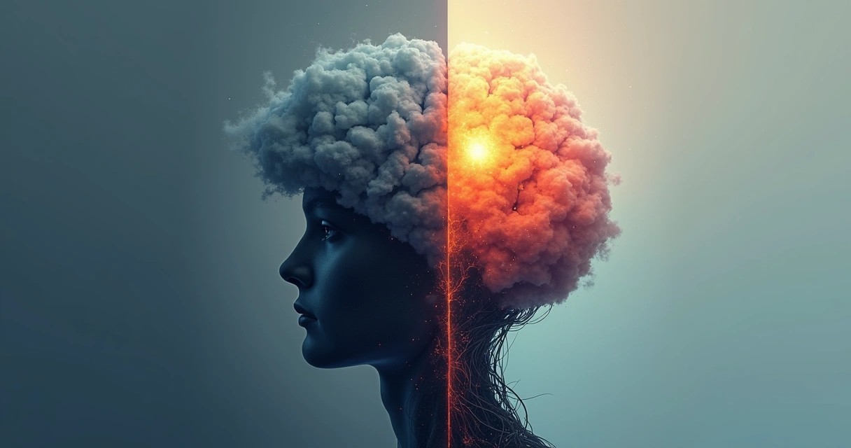 Ilustração de um cérebro dividido entre lembranças escuras e cores vibrantes 