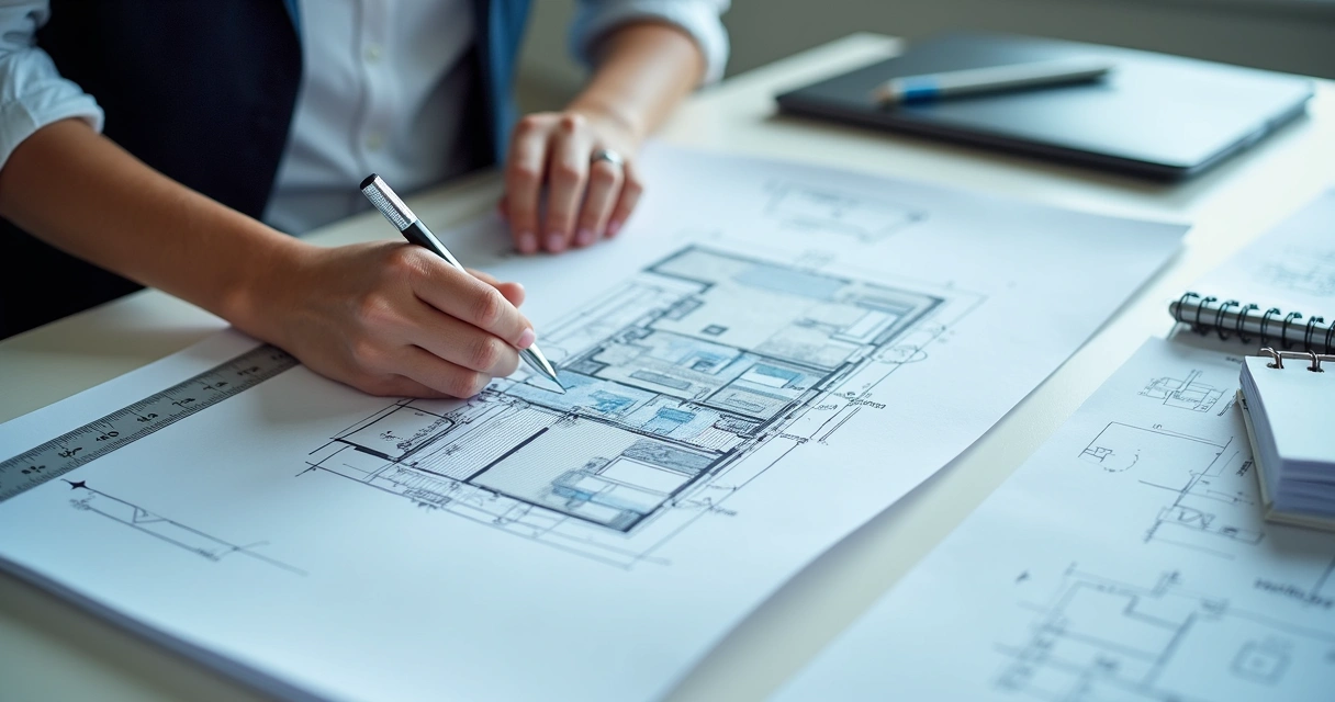 Engenheira desenha planta baixa de imóvel em papel em mesa de escritório, uso de régua e notebook ao lado 