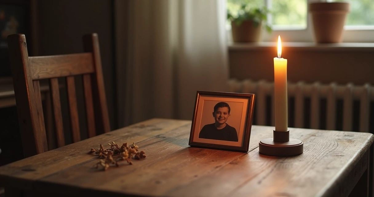 Mesa simples com vela acesa e foto antiga 