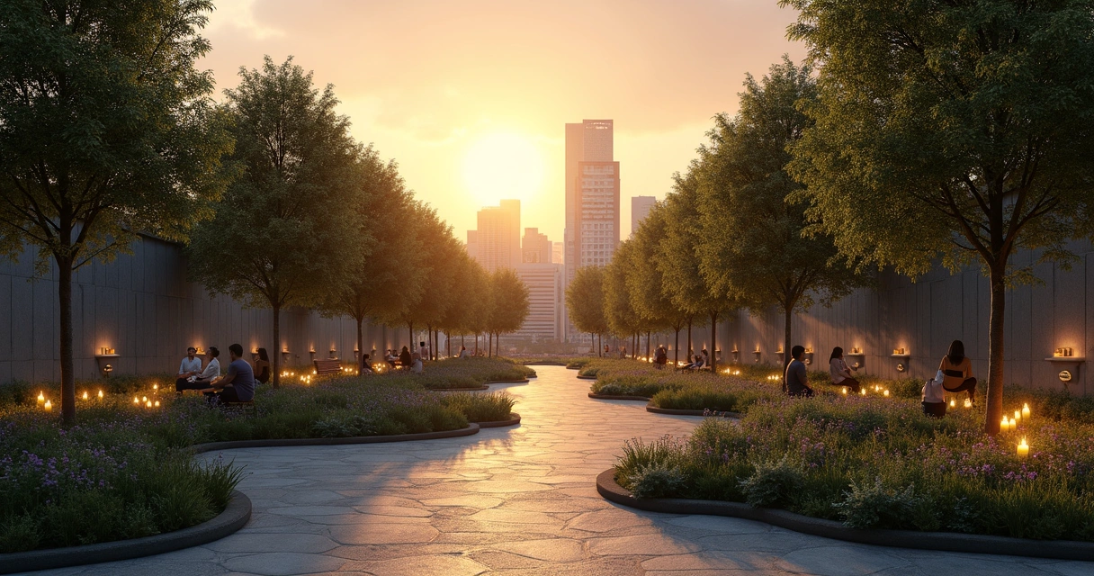 Urban memorial garden with people walking and sitting quietly