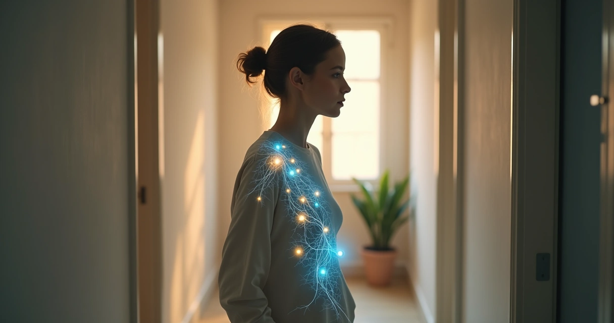 Silhueta humana com memórias luminosas marcando partes do corpo 