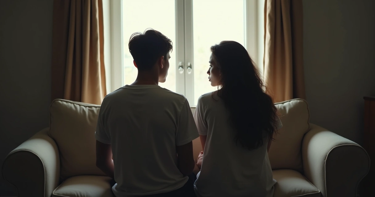 Casal sentado em um sofá, cada um olhando para um lado, rostos tensos e expressão distante, luz suave atravessando uma janela. 