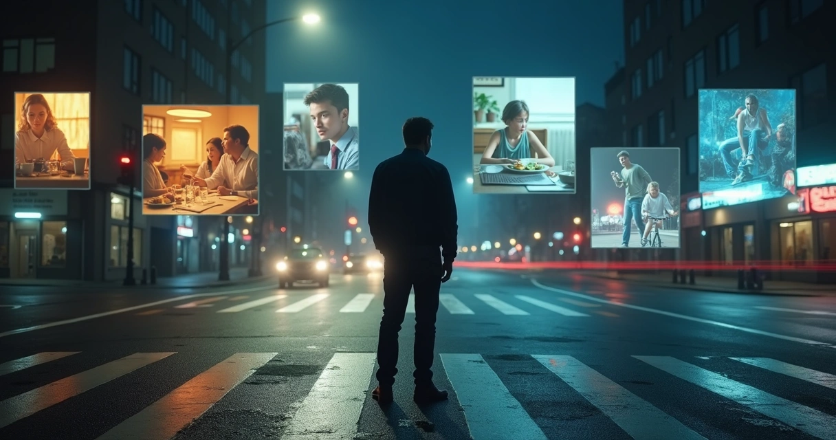 Pessoa parada em cruzamento iluminado por cenas de memórias projetadas ao redor 