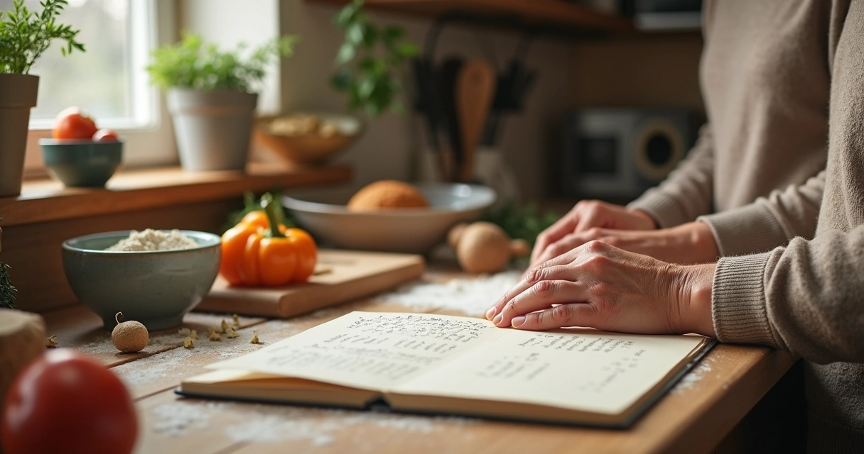 Gerações diferentes compartilhando receita na cozinha 