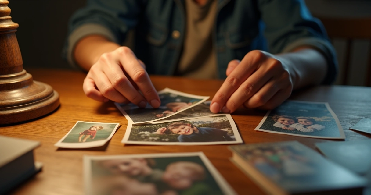 Pessoa olhando para fotos antigas em uma mesa de madeira 