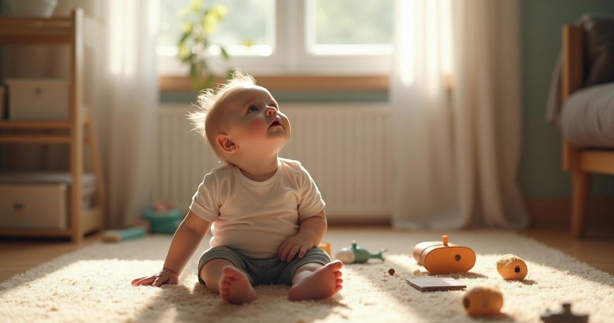 Criança sentada no chão olhando para cima com expressão pensativa, ambiente familiar ao fundo 