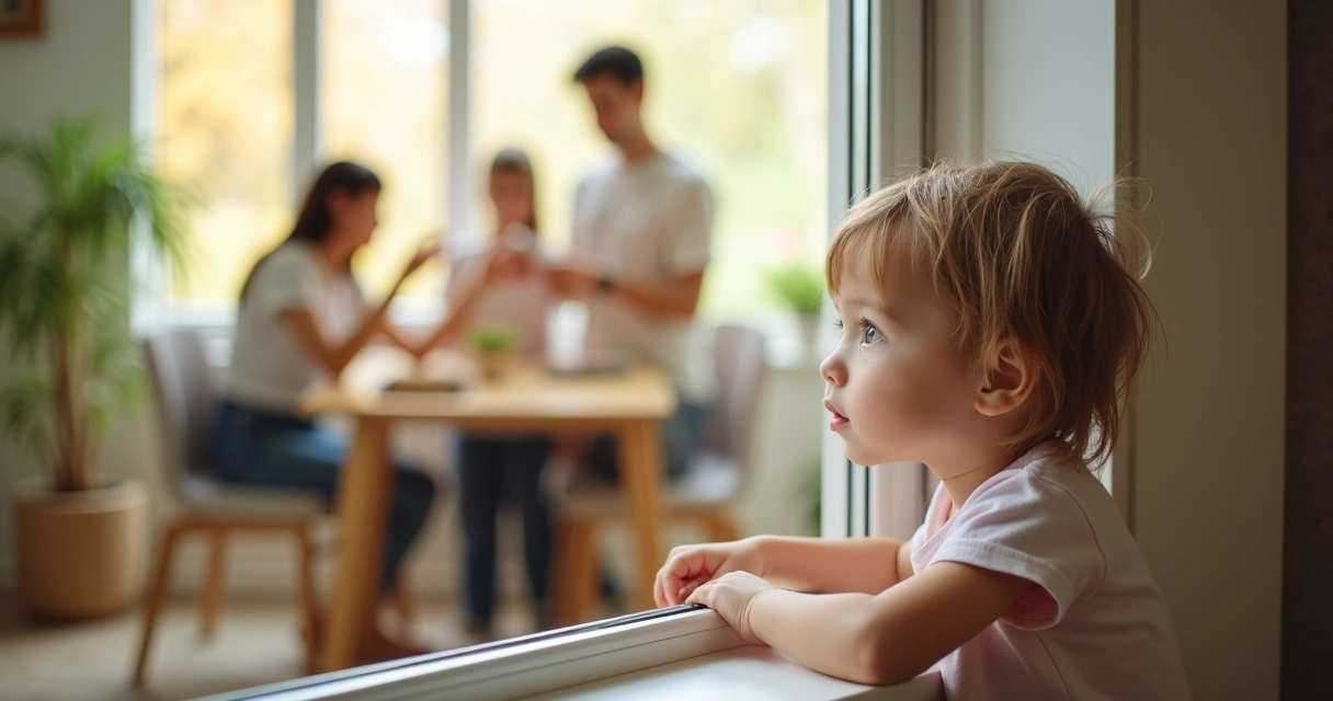 Criança olhando pela janela, lembrando da família