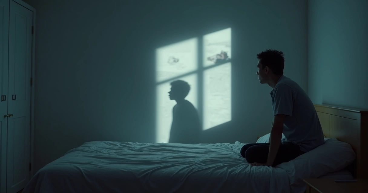 Pessoa sentada num quarto escuro, olhando para baixo, num clima melancólico 