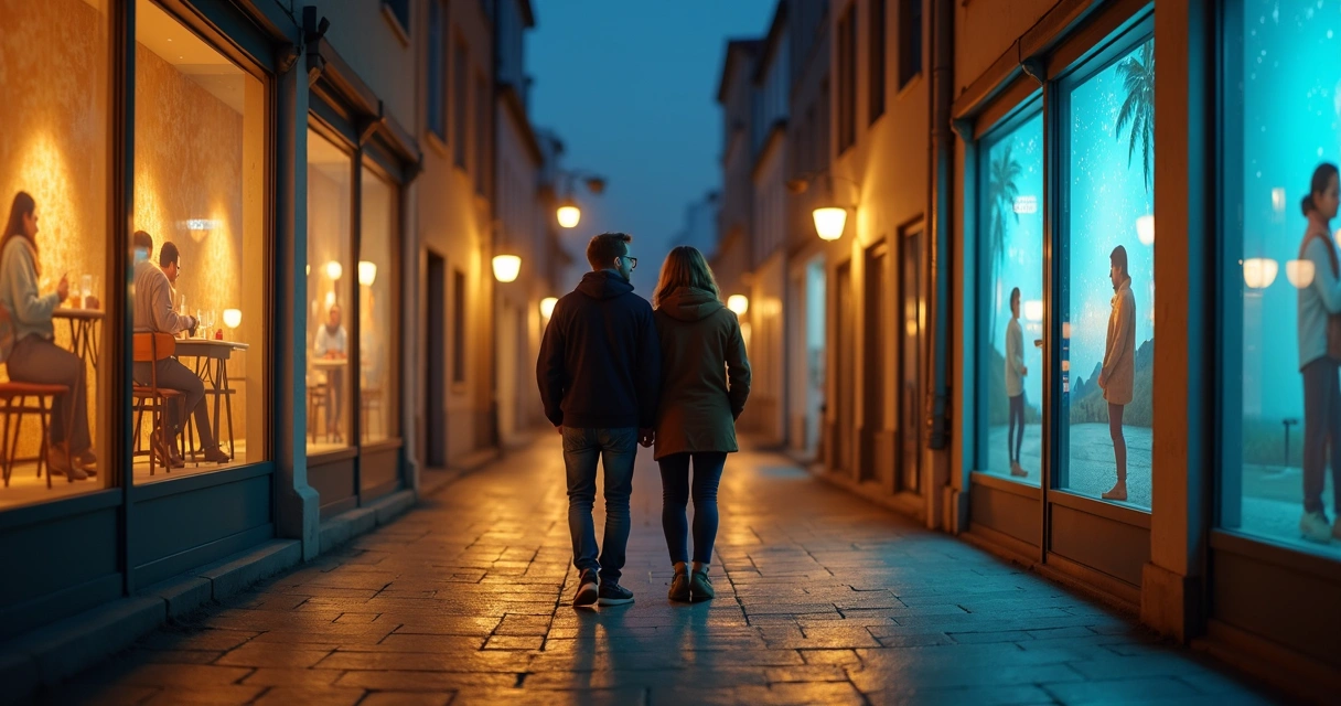Casal caminhando em rua noturna com lembranças projetadas em vitrines ao redor 