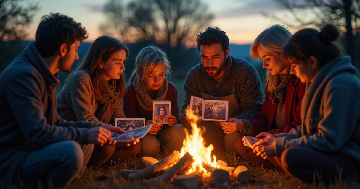 Pessoas reunidas ao redor de uma fogueira, olhando fotos antigas juntos, expressando sentimentos de memória e reflexão 